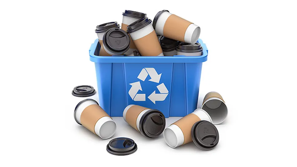 coffee cups in blue recycling bin