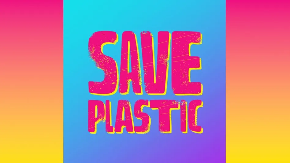 the words save plastic in bright purple with a yellow outline