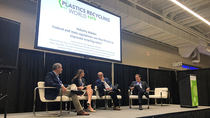Panelists discussed federal regulations and the impacts on recycling at Plastics Recycling World Expo in Cleveland Nov. 3. Panelists (pictured from left) included Robert Render of Ravago Recycling, Stephanie Potter of Nestle, Steve Alexander of the Association of Plastic Recycling and AMI moderator Andy Simmons.