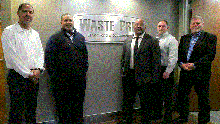 Pictured from left: Waste Pro's Vincent Crisp, Chip Gingles, Tyrone Brice, Ted Goode and Regional Maintenance Manager Chuck Allen
