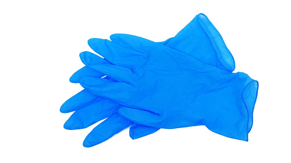 two blue plastic gloves