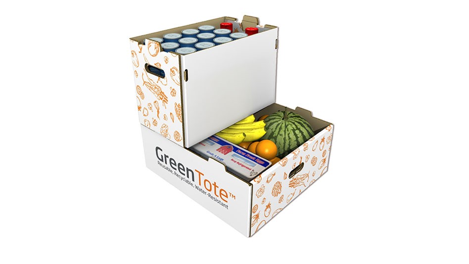 green tote boxes filled with groceries