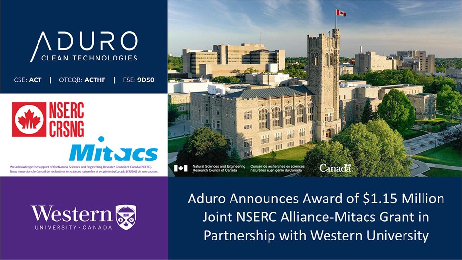 Aduro Clean Technologies partnership with the University of Western Ontario with grants from NSERC and Mitacs
