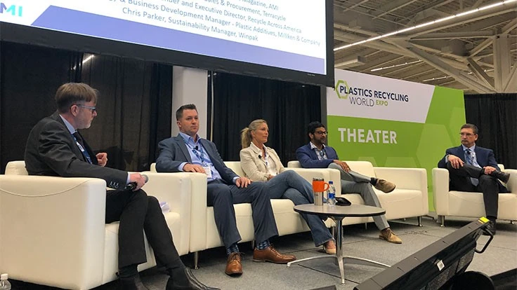 From left: David Eldridge of Plastics Recycling World magazine, Brett Stevens, Michelle Hedlund, Prem Patel and Chris Parker