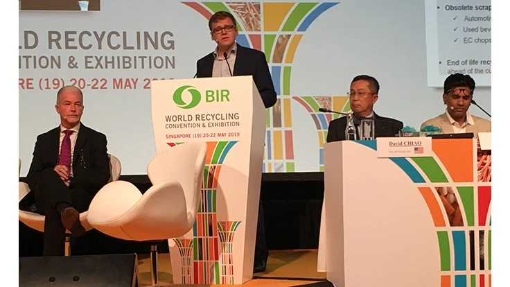 From left: Thomas McMahon of Dillon Gage, Henry Van of CRU (standing at podium), BIR Nonferrous Division President David Chiao and BIR Nonferrous Division Senior Vice President Dhawal Shah