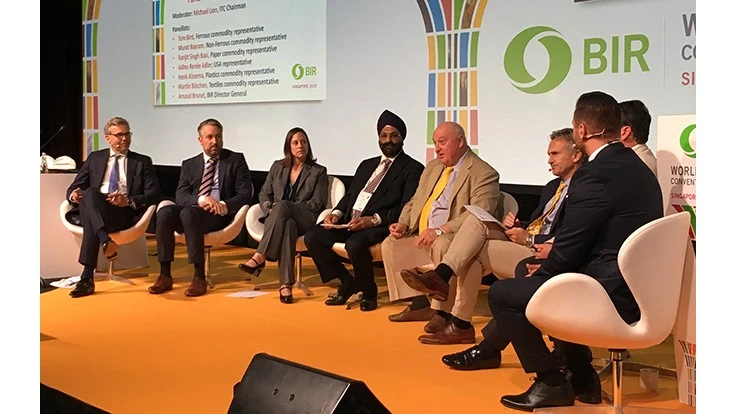 Left to right: Henk Alssema, Vita Plastics; Martin Böschen, Texaid AG; Adina Renée Adler, ISRI; Ranjit Baxi, J&H Sales Interntional; Michael Lion Everwell Resources; Tom Bird, Chiho Environmental Group; Arnaud Brunet, BIR (obscured by other panelists); and Murat Bayram, EMR Ltd.