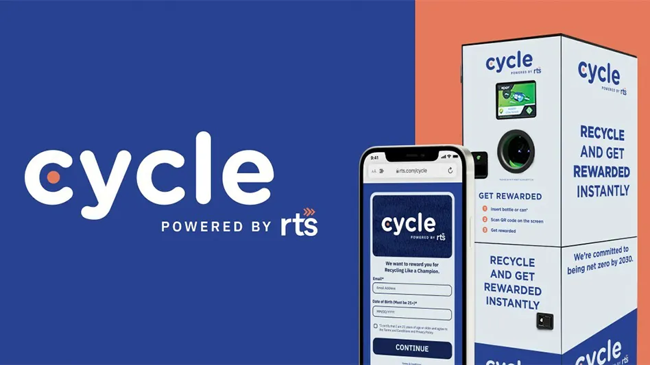 Cycle Technology Inc. logo on a blue background, with a photo of a reverse vending machine and a closeup of a cell phone featuring the Cycle app.