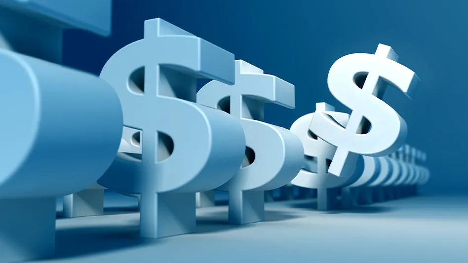 Line of dollar signs, with one poking forward, on a blue background.