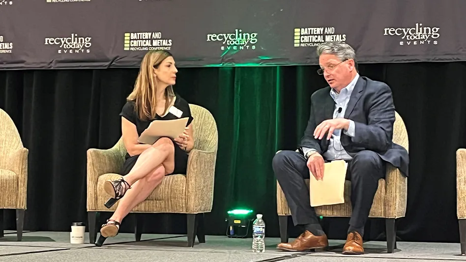 Recyling Today Media Group Editorial Director DeAnne Toto and Cirba Solutions Vice President of Operations John Kelly sit down to speak during Kelly's keynote session at the 2023 Battery and Critical Metals Recycling Conference in Atlanta.