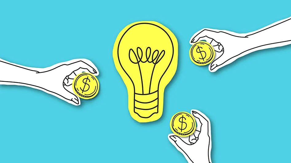 yellow lightbulb in the middle, three hands holding coins