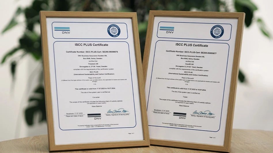 A pair of framed ISCC Plus certification certificates earned by Sweden-based Polykemi and its subsidiary Scanfill.