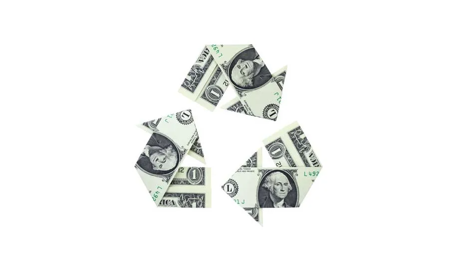 Three dollar bills folded and arranged into the recycling symbol