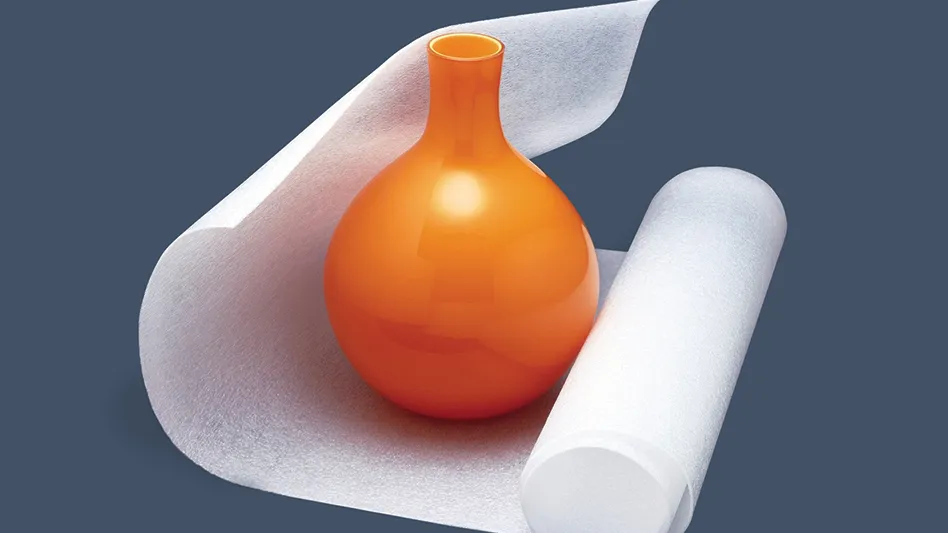 Pregis' protective foam packaging wrapped around an orange vase, surrounded by a blue background.