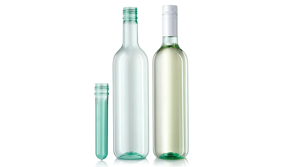 PET wine bottles made by Alpla, on a white background.