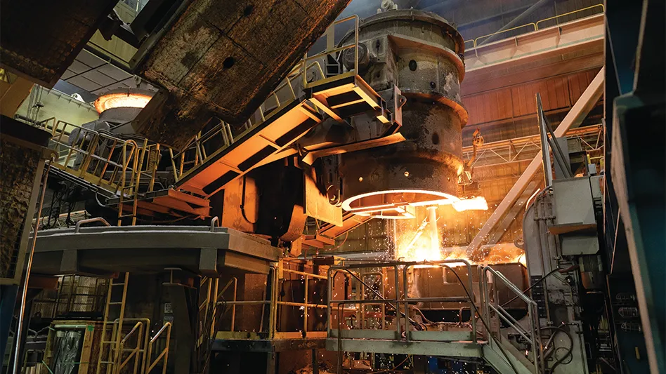 A Nucor Corp. electric arc furnace in action.