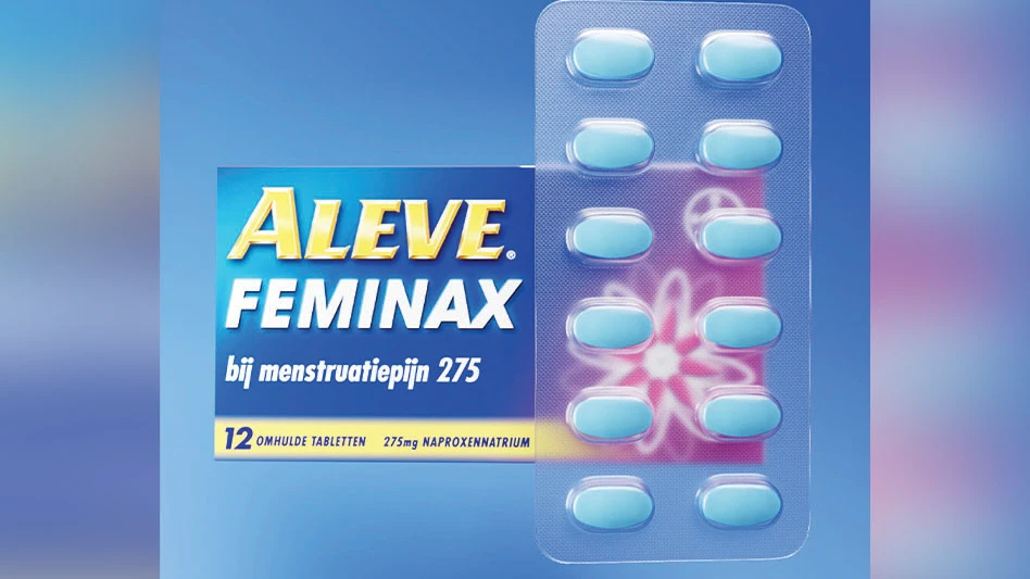 A closeup of Bayer's Aleve over-the-counter medicine product, incorporating PET blister packaging.