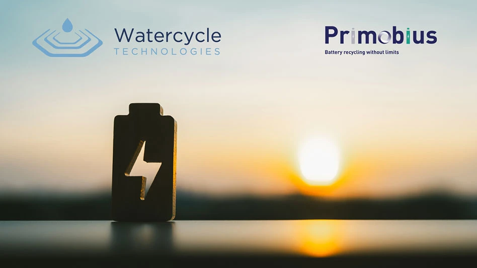 watercycle and primobius logos with an image of a lithium-ion battery