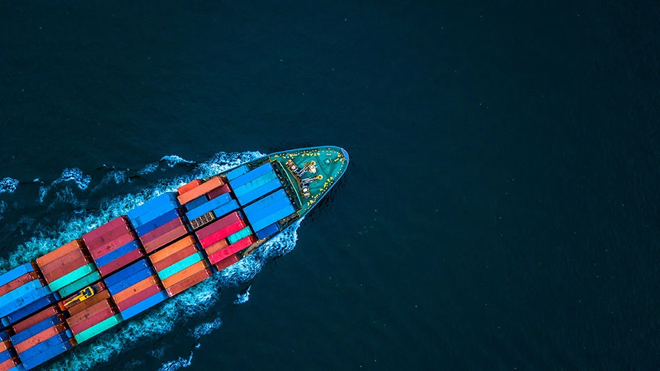 aerial view of a container ship sailing