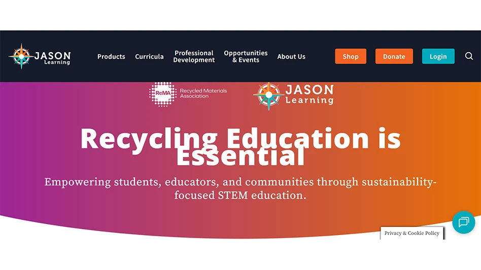 text on the Jason Learning's website that reads recycling education is essential