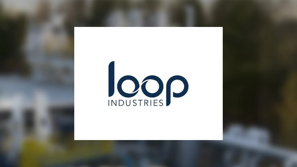 loop industries logo with recycling facility in background, blurred