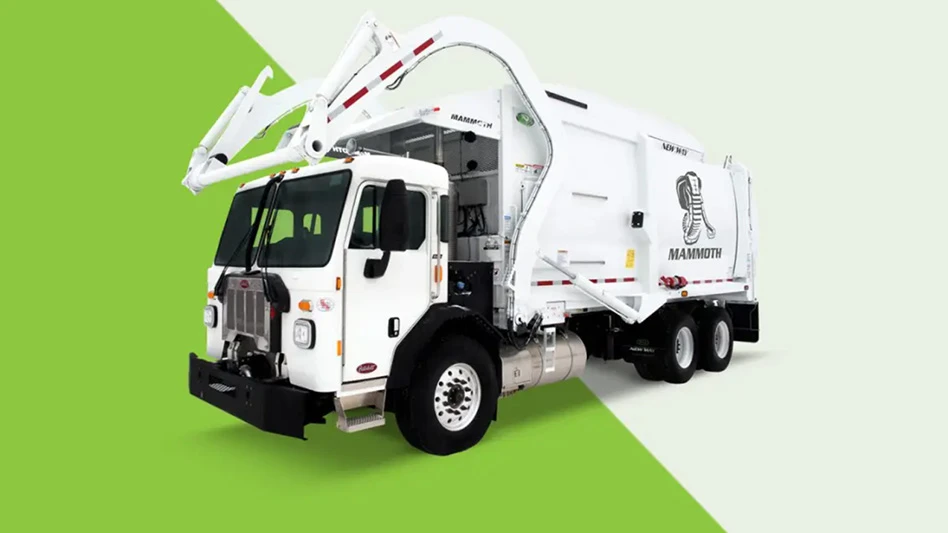 side view of white front-loading refuse vehicle with green, light green split background