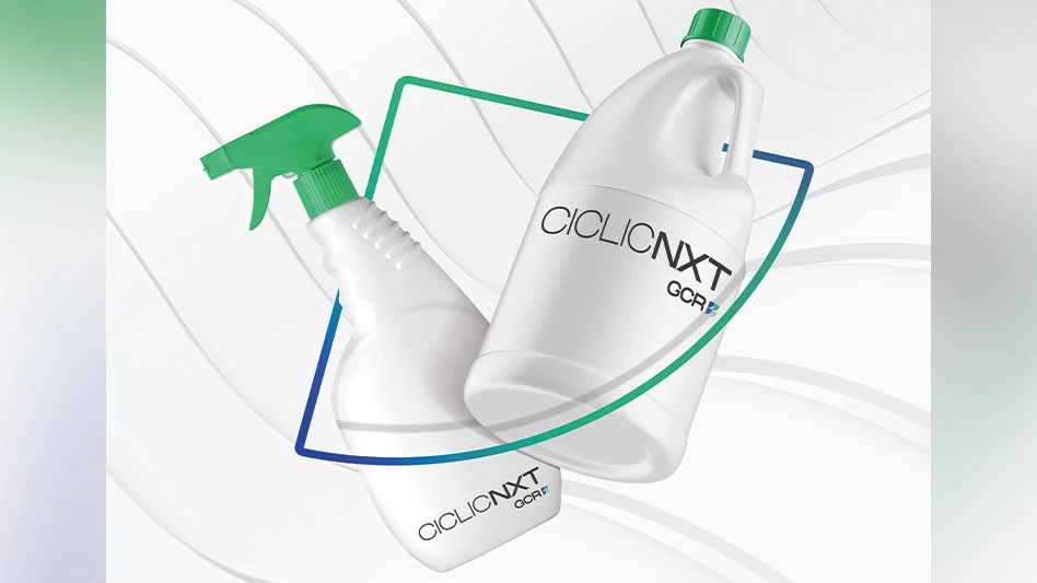 Two white bottles made with postconsumer plastic material.