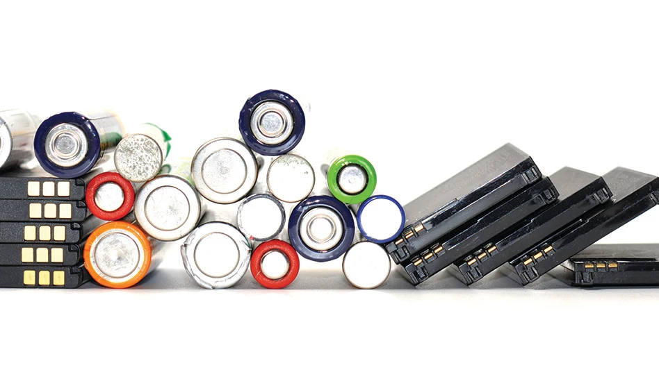 A line of batteries ready for recycling.