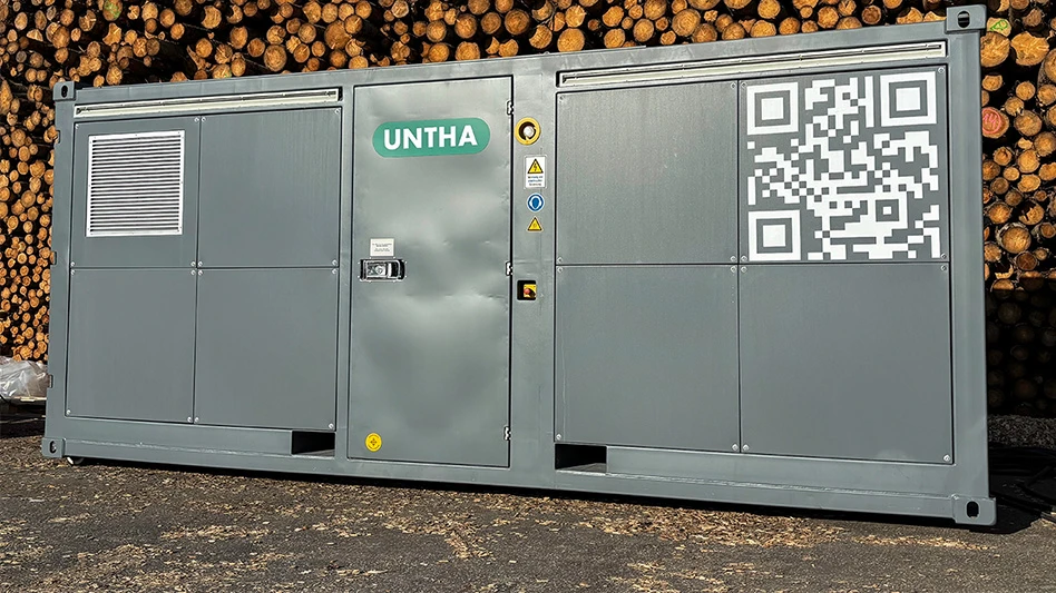 Image of Untha's new Power Core power generator, picturing a large silver rectangle with a door.