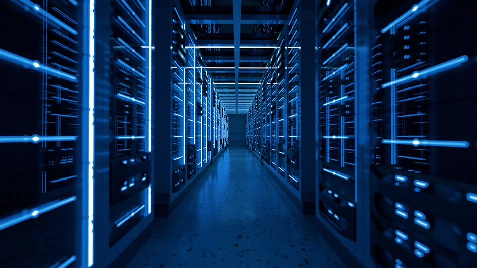 data center lit in blue