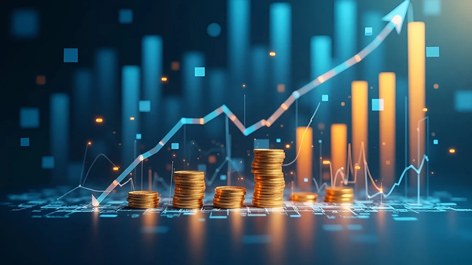 Graphic of coins and increasing data.