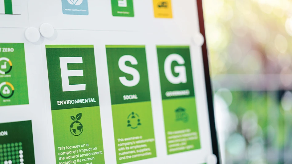 A closeup of a computer screen with the letters "ESG" bolded.