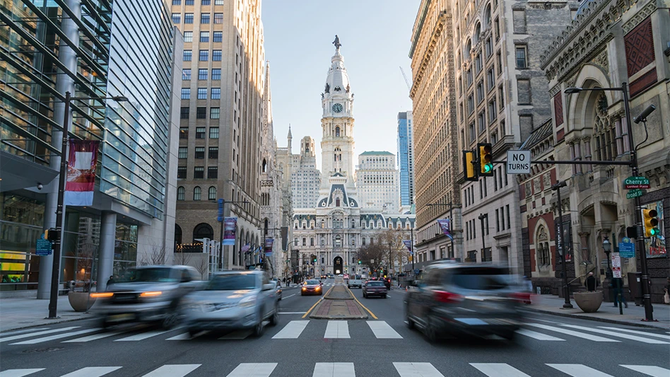 Philadelphia city hall with old building and traffic