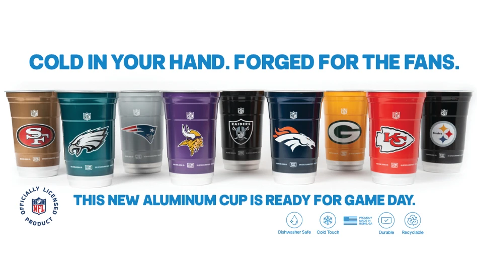 A lineup of branded aluminum cups on a white surface and with a white background.