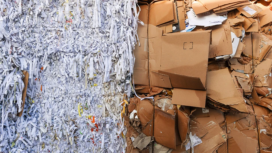 left: bales of white paper grades for recycling, right: bales of brown paper grades for recycling