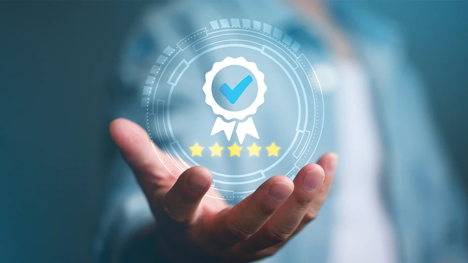 A check mark floats over an outstretched hand.