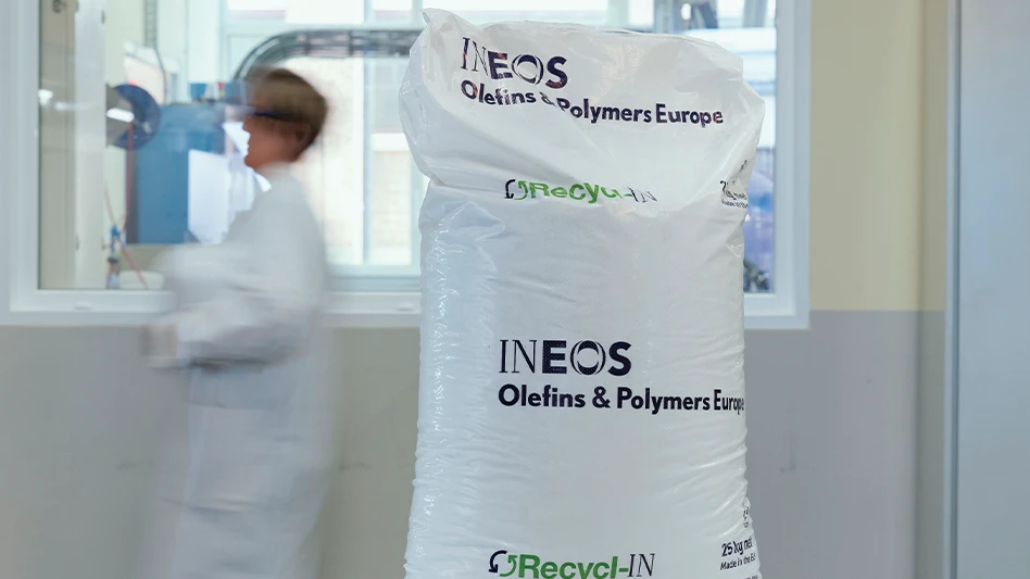 A sack of recycled-content plastic resin.