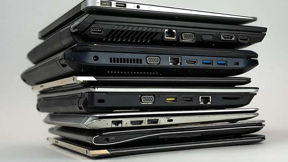 a stack of laptops