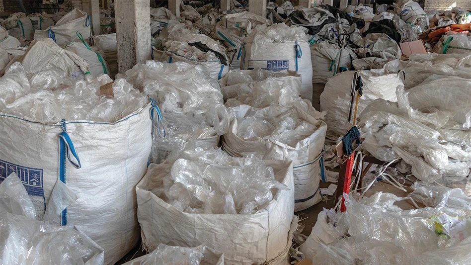 Sacks of plastic film ready for recycling.