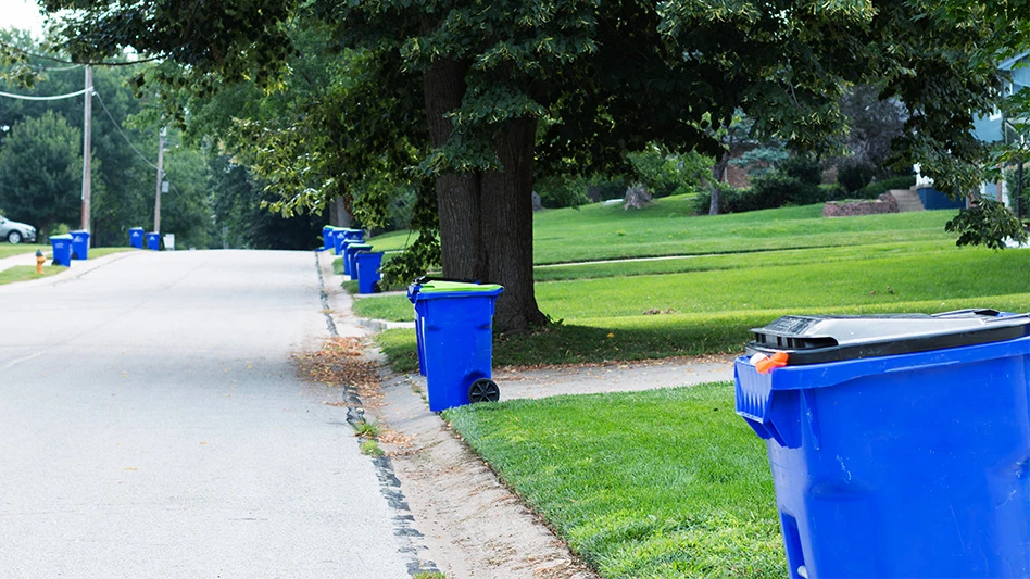Curbside recycling bins.