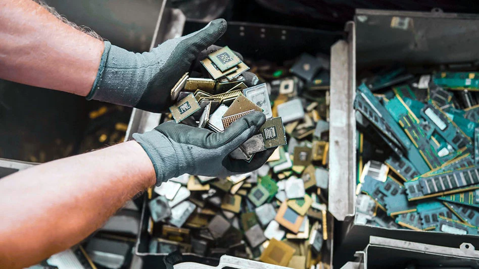 gloved hands gold printed circuit boards