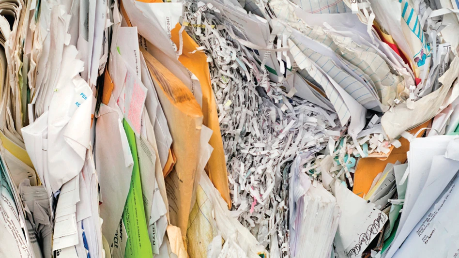 A closeup of a bale of sorted office paper.