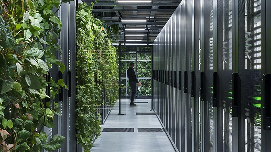 a person stands in a data center that has plants hanging on the left side