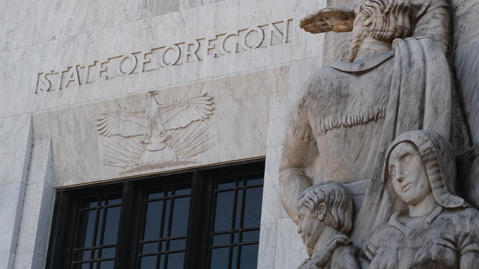 A closeup of Oregon's State Capitol building.